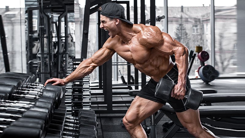 Muscular Man Working Out In Gym Doing Exercises For Back. Single