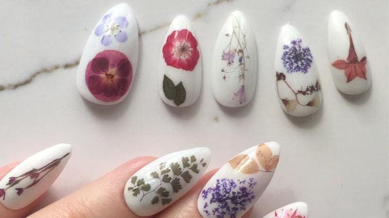 Jsfrnnailart Reusable Pressed Dried Flowers On White Press On Nails 3
