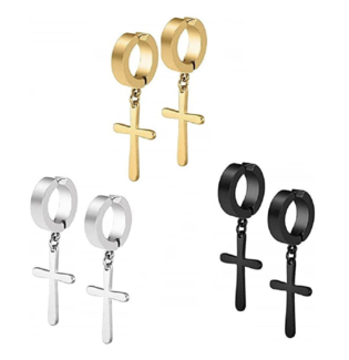 3 Pairs Stainless Steel Ear Clip Non Piercing Clip On Earrings Set With Cross Dangling For Men Women Boy Girls