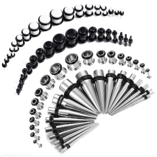 72pc Gauges Kit Black White Acrylic Plugs Stainless Steel Tapers