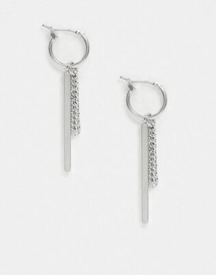 Asos Design Minimal Drop Bar Hoop Earrings In Silver Tone