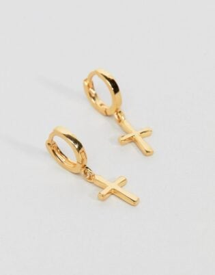 Asos Design Sterling Silver 14k Gold Plated Cross Hoop Earrings