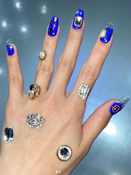 Blue Nails With Jewel Detail