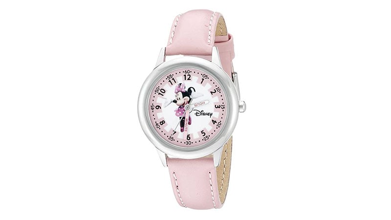Disney Kids' W000038 Minnie Mouse Time Teacher Stainless Steel Watch With Pink Leather Band