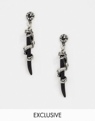 Reclaimed Vintage Inspired Snake Dagger Earring In Burnished Silver