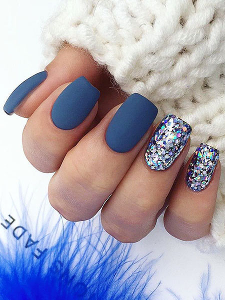 Matt Blue With Feature Glitter Nails