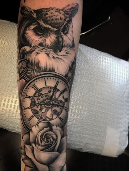 Owl And Clock Tattoo