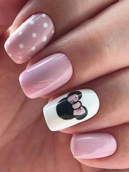 Pink Nails With Minnie Mouse Detail