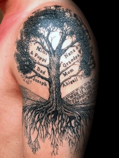 color trees sunset mountain range shoulder tattoo by Cody Cook TattooNOW