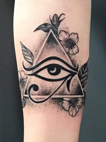 Red and Blue Eyes on Elbow Tattoo Idea