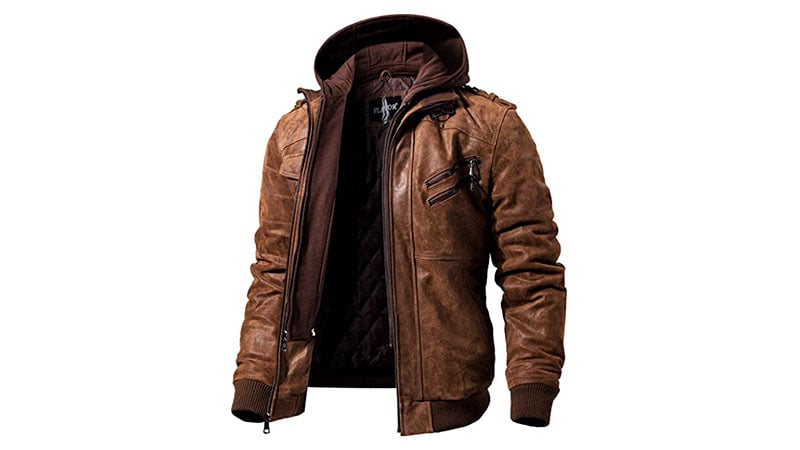 Flavor Men Brown Leather Motorcycle Jacket With Removable Hood