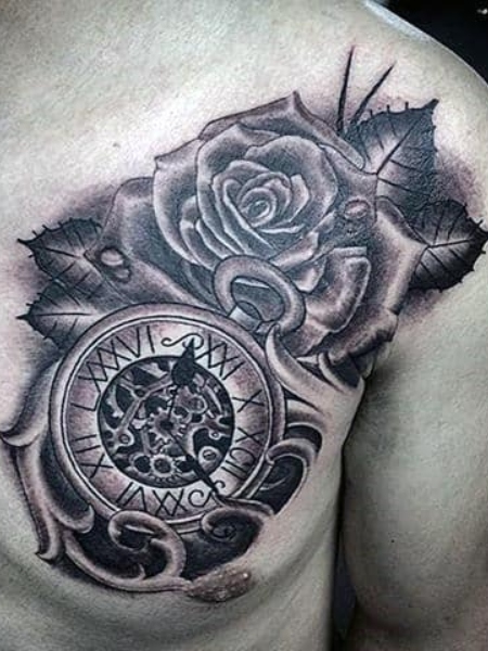 Clock Skull  Rose Fusion on Guys Arm