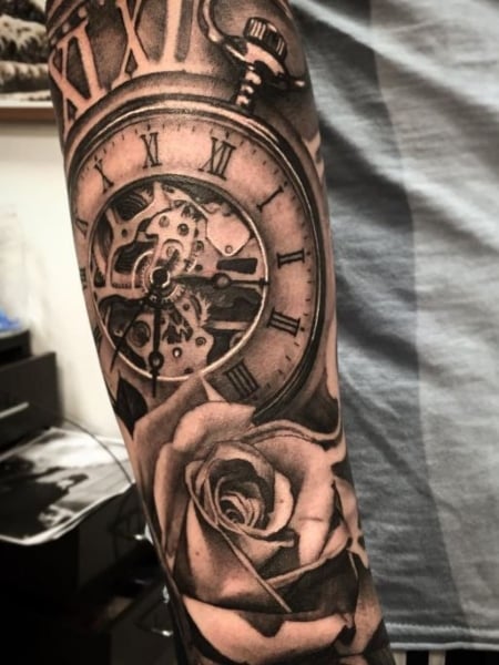 forearm tattoo, steampunk gauntlet, clocks, cogs, pipes - Images.AI  Diffusion
