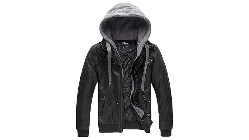 Wantdo Men's Faux Leather Jacket With Removable Hood