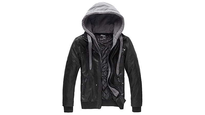 Wantdo Men's Faux Leather Jacket With Removable Hood