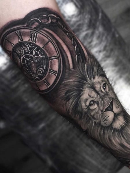 Lion And Clock Tattoo