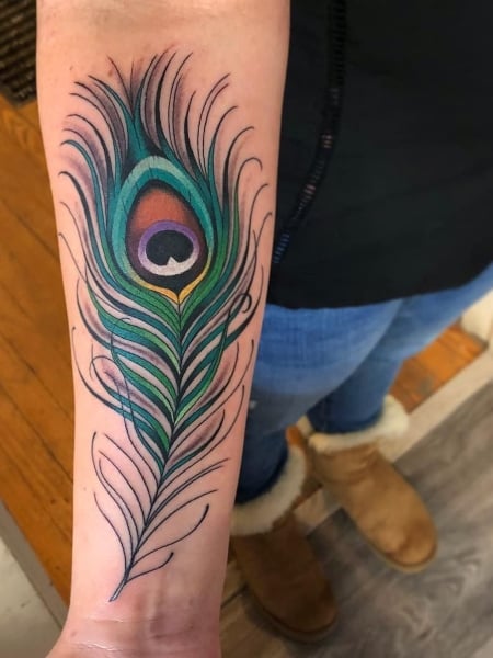 Awesome Peacock Feather Tattoo On Right Arm