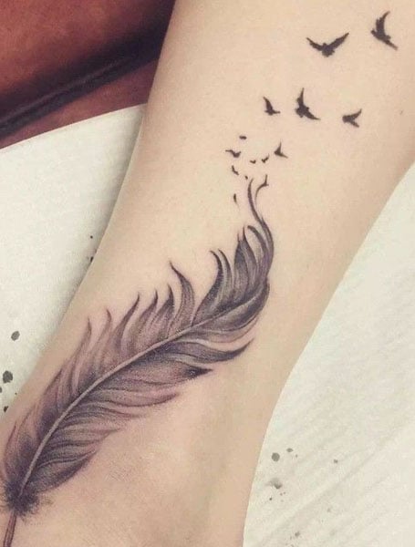 Feather With Flying Birds And Memorial Tattoo On Left Back Shoulder