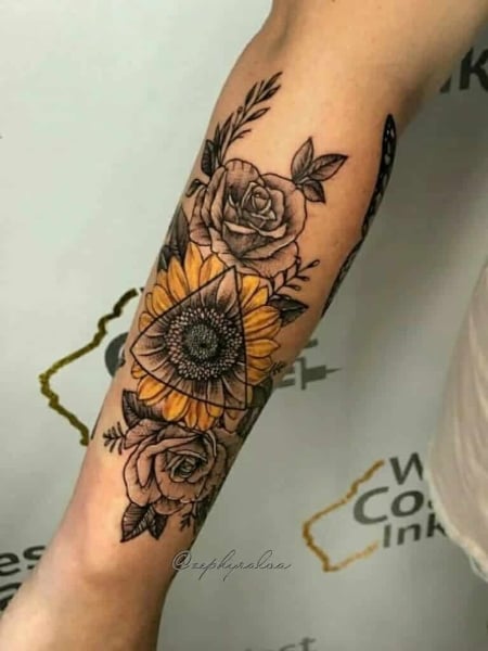 Sunflower And Rose Tattoo