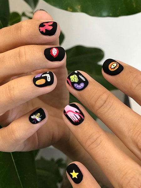 Black Nails With Colourful Art