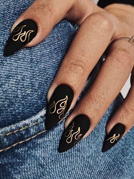 Black Nails With Gold Flames