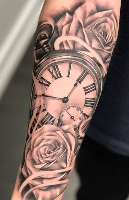 Clock Tattoo And Rose