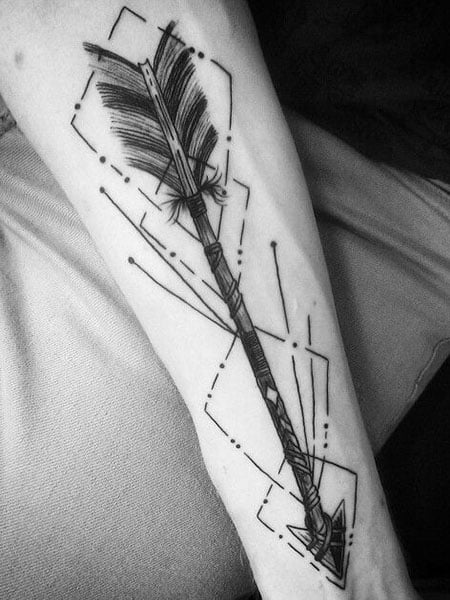 Black Ink Geometric Arrow Tattoo On Forearm