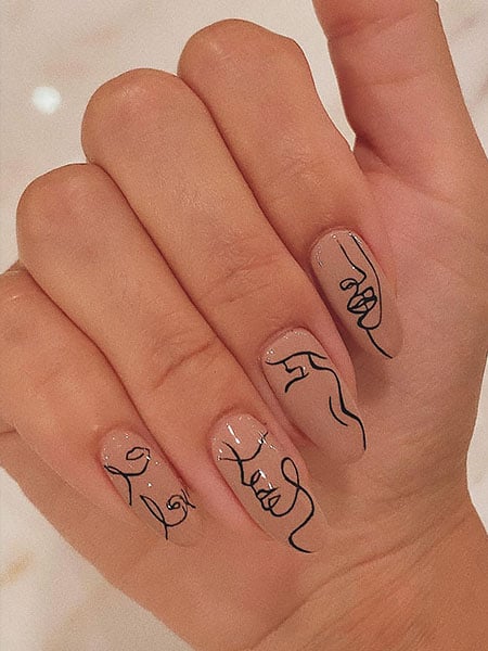 Line Art Almond Nails