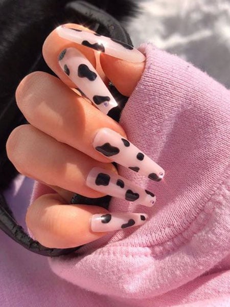 Long Coffin Nails With Cow Spots