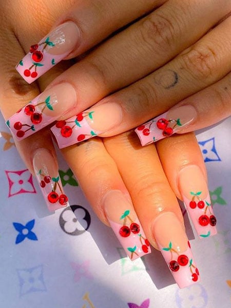 Long Square Nails With Cherry Art