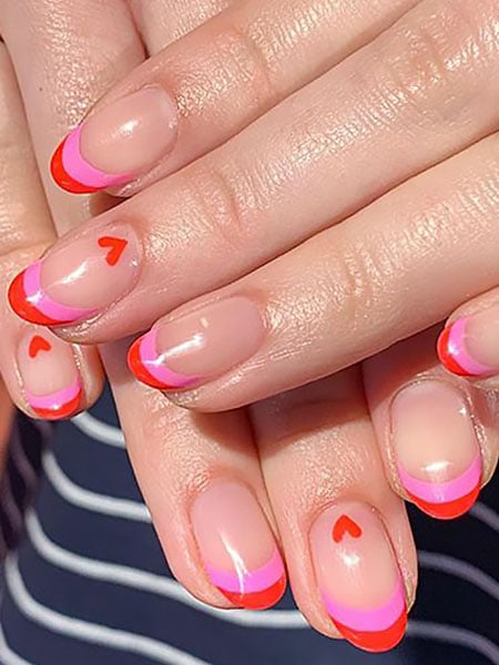 Pink And Red French Manicure With Mini Hearts