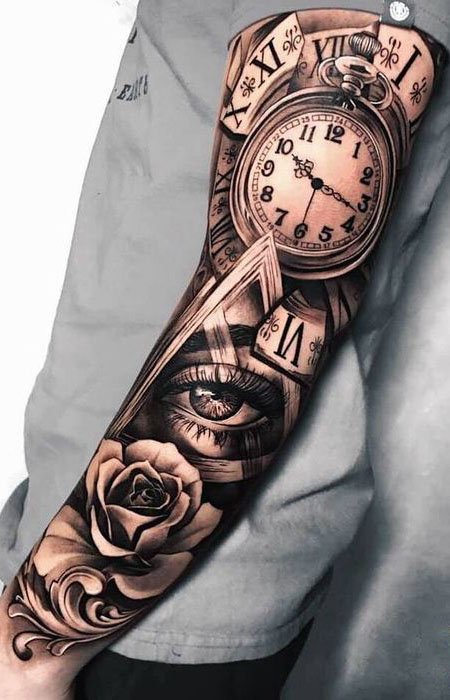 grandfather clock tattoo sleeve