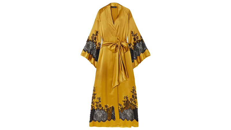 Carine Gilson belted Chantilly Lace Trimmed Silk Satin Robe