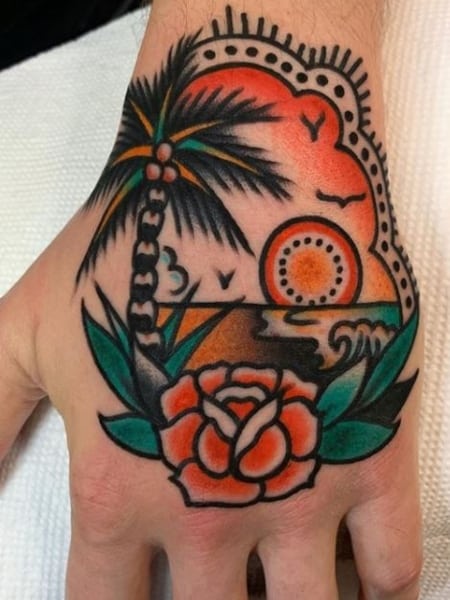 American Traditional Sun And Palm Tree Tattoo (1)