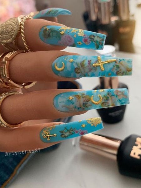 Blue Acrylic Nails With Stickers