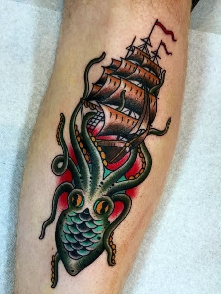 Traditional ship tattoo on the hand and forearm  Tattoogridnet