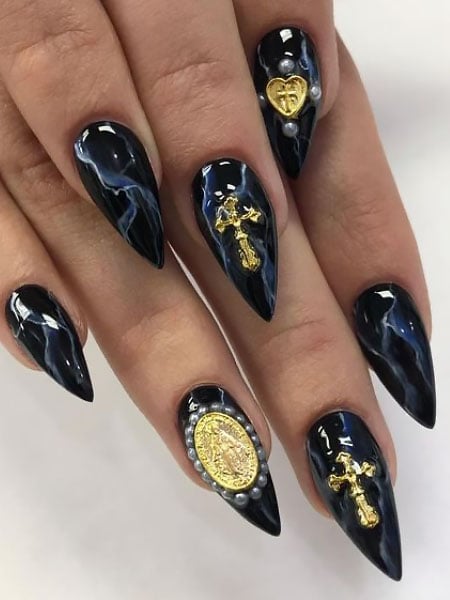 Black Marble Effect Nails With Angel And Cross Stickers