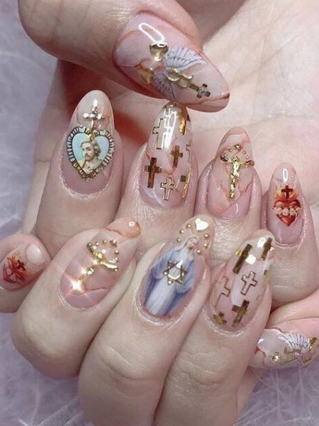 Natural Marble Nails With Angel Art