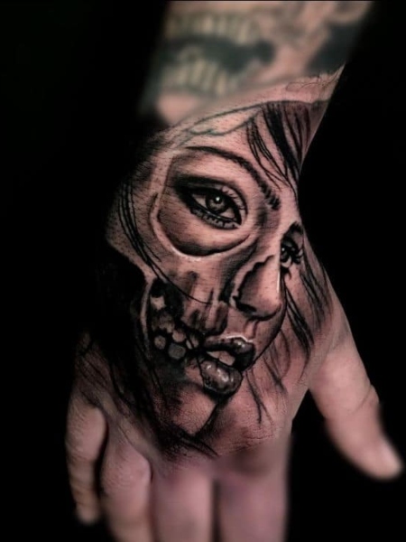 Tattoo uploaded by Sophi La Vie  Skull face skull skulltattoo face hand  handtattoo skullface  Tattoodo