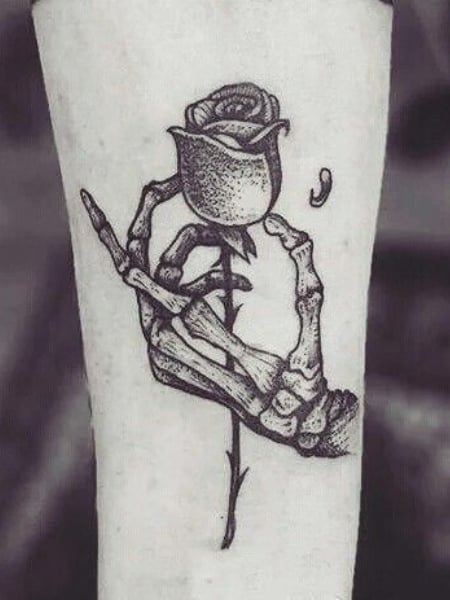 Skeleton Holding A Rose Hand Tattoo