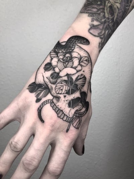 Skeleton Skull Tattoo With Snake And Flower