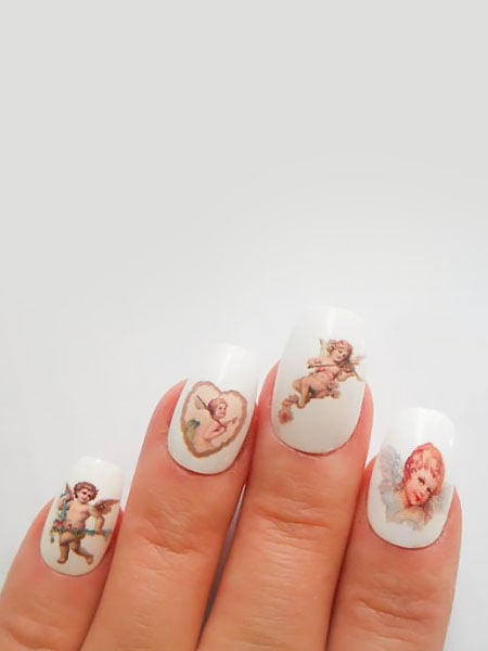 Squoval White Nails With Angel Art