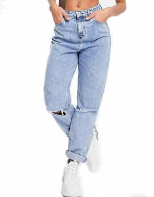 Asos Design High Rise 'original' Mom Jeans In Lightwash With Rips