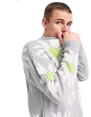 Asos Design Knitted Oversized Floral Jumper In Grey
