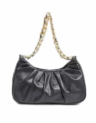 Asos Design Ruched Shoulder Bag In Black With Chunky Gold Chain
