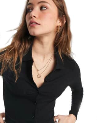 New Look Button Through Collar Tee In Black
