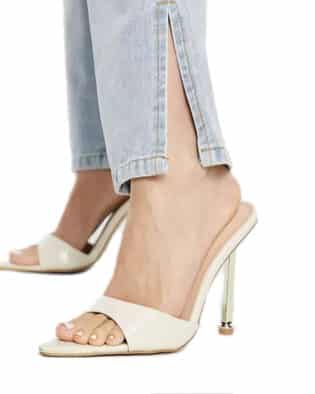 Simmi London Wide Fit Torez Pointed Mules With Gold Heel In Ivory Croc