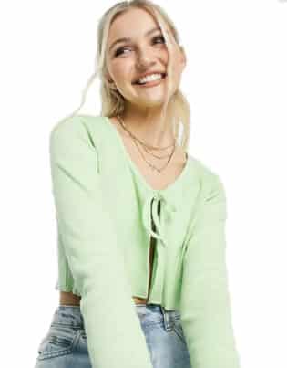 Urban Bliss Tie Front Rib Cardi In Mint