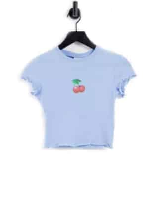 Weekday Viola Organic Cotton Cherry Crop T Shirt With Lettuce Edge In Light Blue