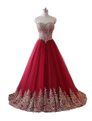 2019 Prom Ball Gown Burgundy Red Dress Long Gold Applique Lace Dress Tulle Sexy Backless Women Formal Evening Party Gown With Beads Custom